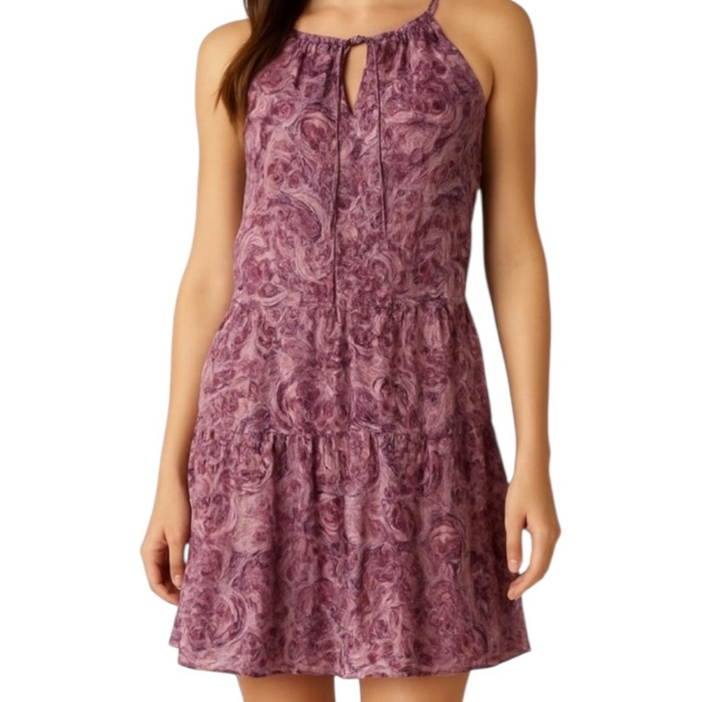 DREW Purple Pink Paisley Sleeveless Tiered Mini Halter Dress Size Large Feminine